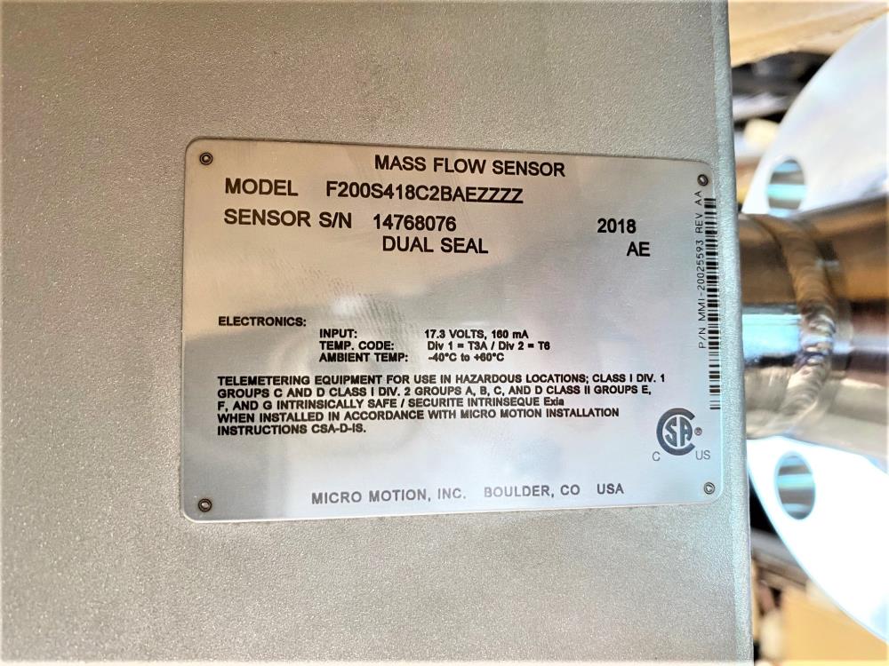 Micro Motion 2" x 1-1/2" 150# 316 Stainless Flow Meter F200S418C2BAEZZZZ (A)